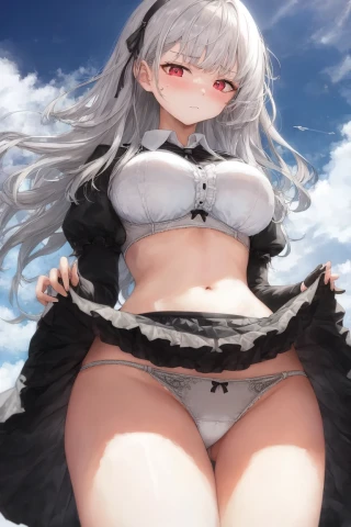 Medium hair, Wavy hair, Outdoor, Embarrassed, Lifting up skirt, From below, Skirt, Masterpiece, Underwear